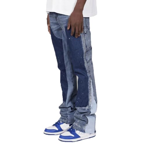 Mens Skinny Jeans Straight Leg Hip Hop Streetwear Color Block Patchwork Stacked Jeans
