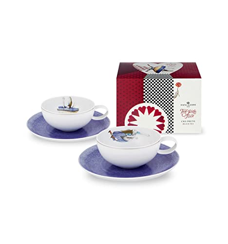 Vista Alegre Porcelain Tea with Alice Set of 2 Teacups and Saucers and Tea Package