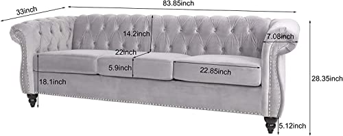 Image of ORRD Chesterfield Sofa Velvet, Modern Tufted Couch 3 Seater with Rolled Arms and Nailhead for Living Room, Bedroom, Office, Apartment (Grey)