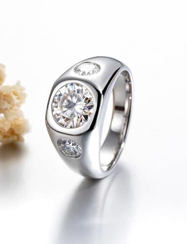 CannyCat 3 CTTW 3-Stone Moissanite Engagement Anniversary Promise Ring, 2 ct Center with 0.5 ct Side Stones, VVS D-color Moissanite, Platinum-Plated Silver Wide Band2