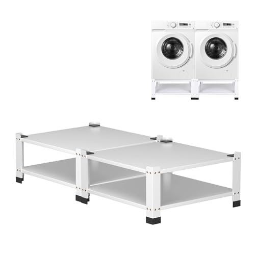 Washer Dryer Pedestal Set of 2 With Storage Shelf 28.3 x 28.3 x 14 in 800 lb Capacity Heavy Duty Carbon Steel Laundry Pedestals White