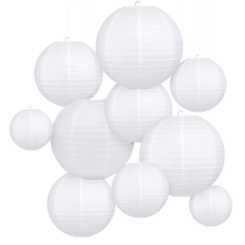 LIHAO 10PCS White Paper Lanterns Decorative Chinese Lanterns for Wedding Decor, Bridal, Baby Shower, Christmas, Birthday, Party Decorations, DIY Crafts(Size of 6”, 8”, 10” 12’’)