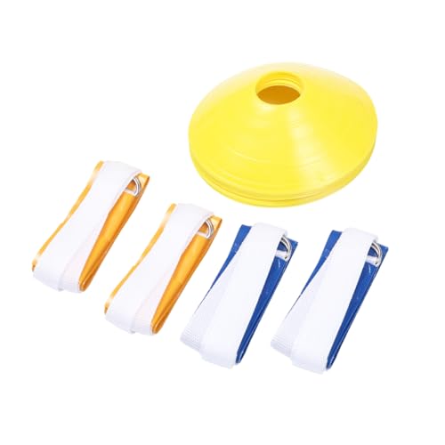 FOYTOKI Boys and Girls Flag Football Set 8 Pcs American Football Waist Belt Flags Rugby Training Accessory for Youth White Blue Yellow Training Markers Disc Cone