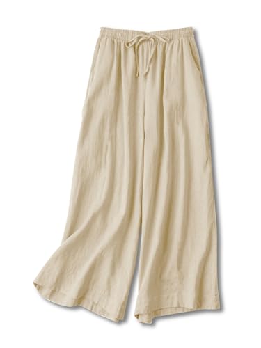 Fensajomon Womens Plus Size Cotton Linen Palazzo Pants Summer Wide Leg Drawstring Elastic High Waist Beach Casual XL-5XL4