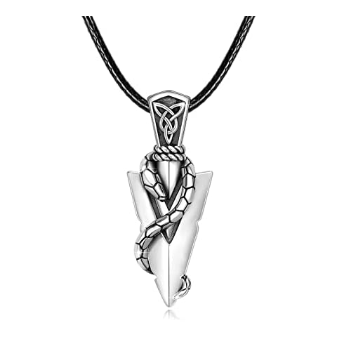ZIPPICE Snake Arrowhead Necklace, 925 Stering Silver Snake Sword Pendant Men Necklace, Viking Celtic Knot Rune Knight Pendant Protection Amulet Vintage Gothic Jewelry for Men Women Cover