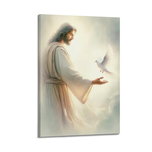 Christ et colombe blanche tableau de chambre 30x45cm encadré