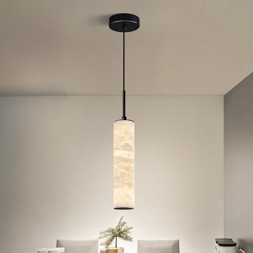 LMQNINE Natural Alabaster Pendant Lights for Kitchen Island White Marble Long Tube Chandelier 4000K Modern Black Ceiling Light Fixtures for Bedroom Dining Room Table Living Room Hallway(S-1Pack)