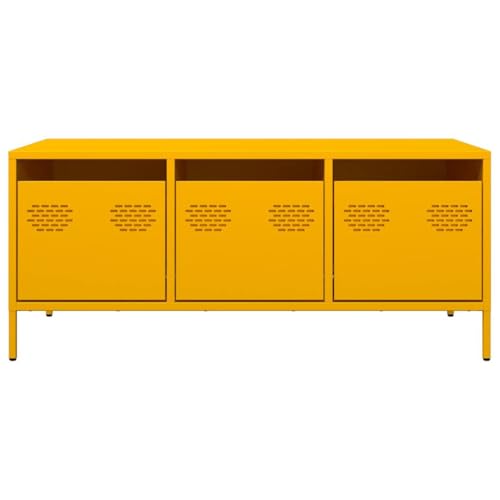 Table basse industrielle jaune moutarde en acier avec 3 tiroirs
