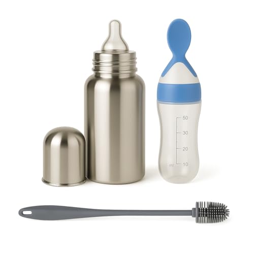 Image of Shark Doo Doo Stainless Steel Bottle for Babies (0-12 Months) - 250ml with Silicone Cleaning Brush (Combo Pack) | BPA Free (SS 3in1 Combo Blue)