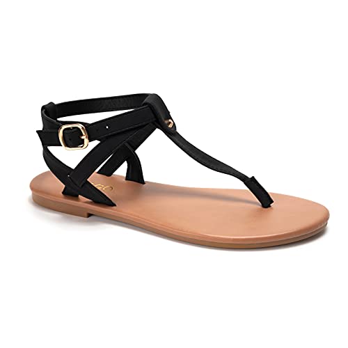 Colgo Thong Flat Sandals, Casual Women T-Strap Dress Sandals with Adjustable Ankle Buckle for Summer Wedding