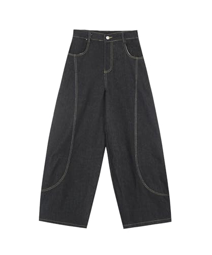 Unisex Retro Washed Barrel Jeans Wide Leg Streetwear Denim Pants