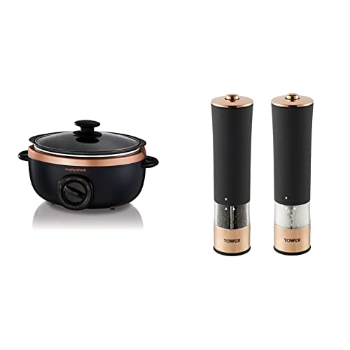 Morphy Richards Sear and Stew Slow Cooker 460016 Black and Rose Gold & Tower T847003RB Electric Salt and Pepper Mill, Stainless Steel, Soft-Touch Body, Rose Gold and Black