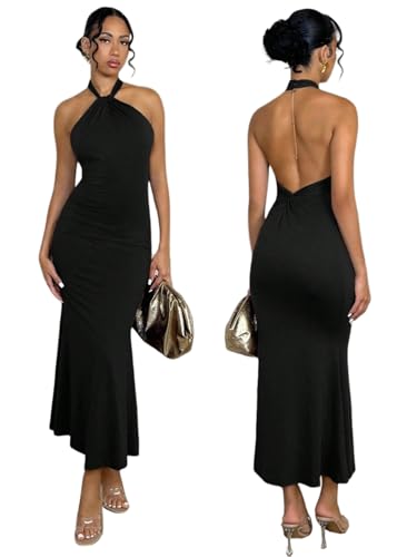 Image of SKAYS Women's Summer Dress Halter Bodycon Maxi Dress Backless Casual Party Dresses