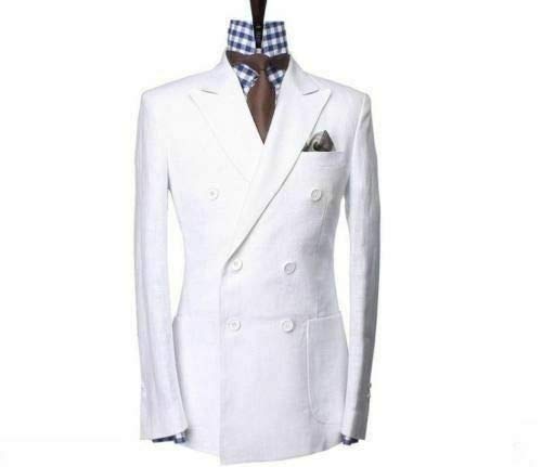 Mens Beach White Linen Double Breasted Summer Prom Blazer Suit Jacket Coat Blazer4