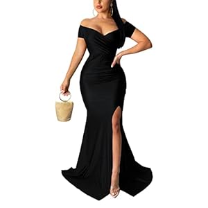 Vestido de noche sexy para mujer, con hombros descubiertos, elegante, cuello en V, manga corta, formal, con abertura alta, vestido de invitada de boda