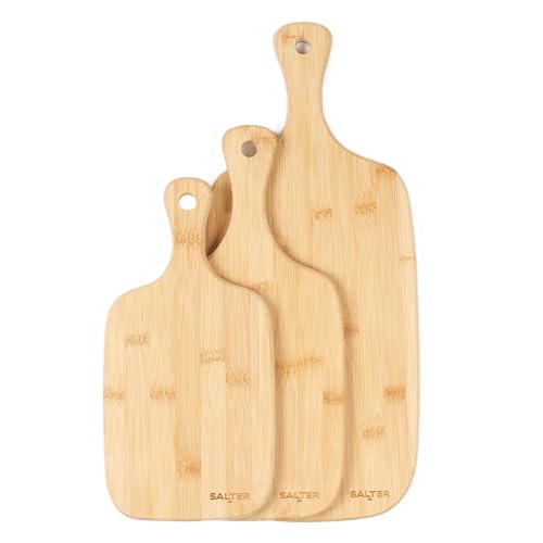 Salter Wooden Chopping Boards - 3 Piece Bamboo Chopping Board Set - 30cm, 35cm, 45cm, Chop, Cut & Carve Meat, Vegetables, Cheese & Bread, Protects Worktops, Paddle Handles with Hooks, BW06732EU7