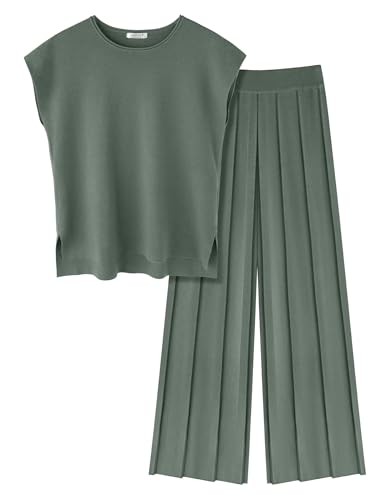 Image of Ekouaer Lounge Sets for Women Two Piece Outfits Knit Cap Sleeve Tops Wide Leg Pleated Pants Casual Dressy Sweater Sets