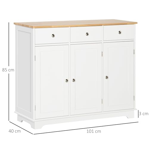 HOMCOM Modern Sideboard with Rubberwood Top, Buffet Cabinet with Storage Cabinets, Drawers and Adjustable Shelves for Living Room, Kitchen, White