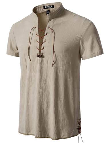 JEMITOP Men's Retro Renaissance Costume Short Sleeve Lace Up Shirts for Pirate Viking Medieval Vampire Halloween Cosplay Clothing Khaki M
