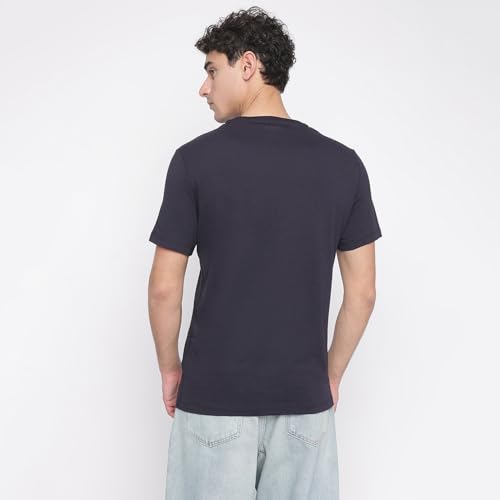 Image of GUESS Smart Blue Solid Round Neck Short Sleeves T-Shirt