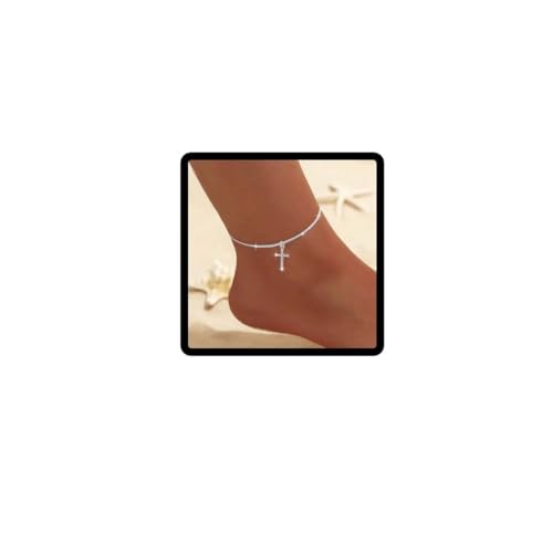 Wedity Bracelet de cheville avec croix en cristal, argent brillant réglable, bijoux pour femmes, taille unique, Céramique douce, Pas de pierre précieuse