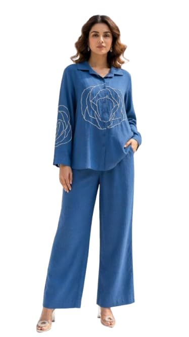 Women's Cotton Indigo Blue Co-ord Set - Embroidered Shirt and Matching Trousers Two-Piece Outfit, Floral Pearl Work Long Sleeve Button-Down Top and Wide Leg Pant Lounge Set-picture-30