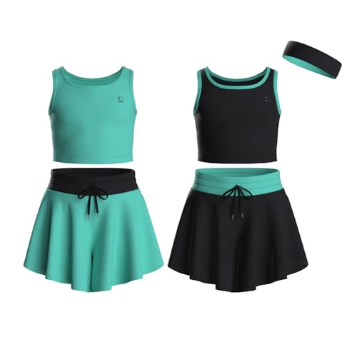 Image of Flowy Girls Butterfly Shorts Skirts w /Pockets & Athletic Sleeveless Tank Tops, Dance Tennis Cheer Running (5pc Set)