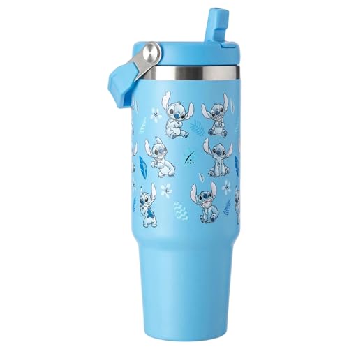 Disney Stitch 850ml Insulated Tumbler with Handle & Straw Lid Double Wall Stainless Steel Travel Cup for Hot & Cold Drinks Lilo & Stitch Reusable Bottle Blue