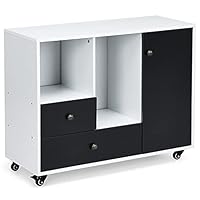 COSTWAY Mobile File Cabinet, Lateral Stationery Storage Cabinet Chest, Home Office Rolling Printer Stand Side Filing Cupboard Document Organiser Unit (White+Black, 2 Drawers+2 Compartments+1 Door)