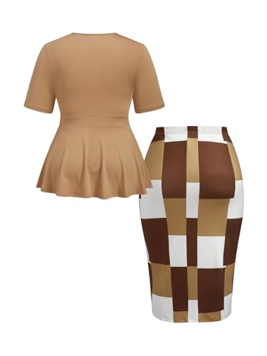 SOLY HUX Women's Plus Size Elegant Outfits 2 Piece Short Sleeve Ruffle Tops Plaid Print Bodycon Skirts Office Business Set2