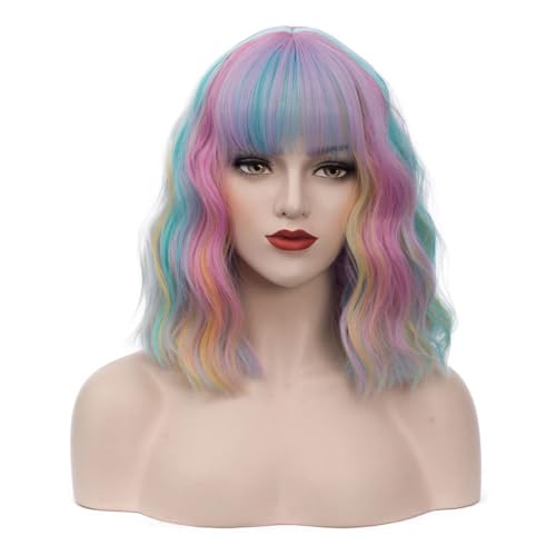Cying Lin Short Bob Wavy Curly Wig Rainbow Air Bangs Wig For Women Cosplay Halloween Wigs Heat Resistant Bob Party Wig (Rainbow)