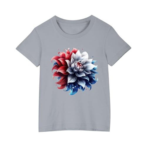Boys Girls 4th of July Tops Kids Short Sleeve T-Shirts Floral Graphic Tees Shirts Cotton Patriotic Tshirts Gifts Gray