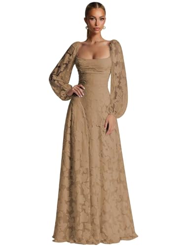 Beyonddress Robe de soirée à manches longues pour mariage, robe de demoiselle d'honneur pour femme en mousseline de soie dentelle fleurs robes d'invités de...