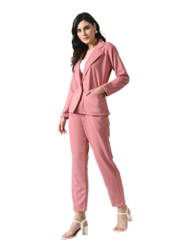 Image of Women's Lyocell Casual Solid Full Sleeve Collared Top and Pant Set with Blazer | Western Set for Women