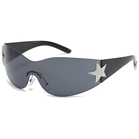 Long Keeper Rimless Wrap Around Sunglasses for Women Men, Trendy Womens Y2K Sunglasses Oversized Shades Cool Star Fashion Sun Glasses UV400 Cover