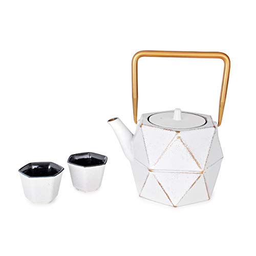 Hinomaru Collection Rikyu Japanese Cast Iron Tetsubin Tea Set Diamond Design 32 Fl Ounce Teapot with Stainless Steel Infuser 2 Enameled Cast Iron Tea Cups Gift Packaging White
