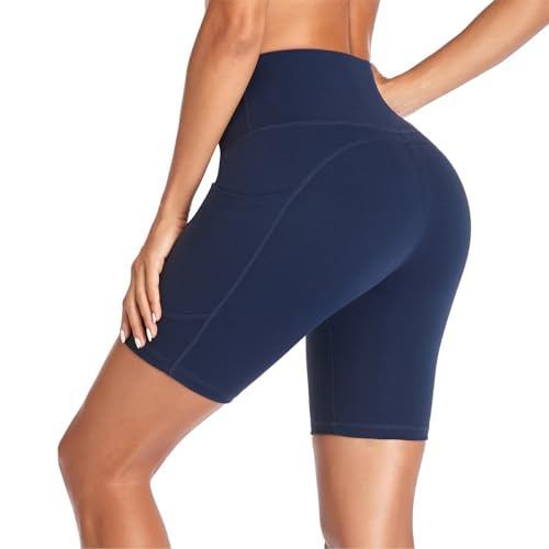 GIMDUMASA Pantalones Cortos Deporte Mujer Cintura Alta Shorts Leggins Pantalones Cortos de Yoga para Correr Gym Fitness Mallas Deportivos con Bolsillos Laterales GI371(Azul Profundo,m)