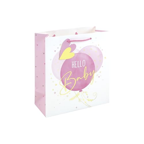Eurowrap Hello Baby Medium Gift Bag Pink Balloon Baby Shower Present Bag with Foil Finish White Kraft Paper Paper Woven Handles & Tag Premium New Baby Girl Gift Packaging