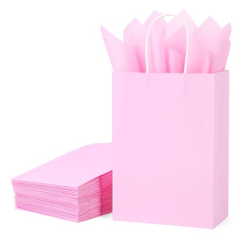 SUNCOLOR 24-Pack Pink Gift Bags with Handles 8 Small Kraft Paper Goodie Bags Includes Tissue Paper for Baby Showers Birthdays Bridal Showers