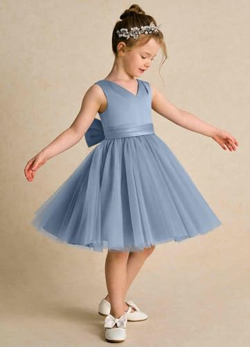 Sleeveless V-Neck Satin Flower Girl Dress V-Back Tulle Skirt Hem Junior Bridesmaid Dress Knee Length with Bows3