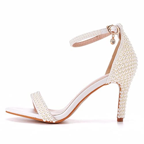 4.3'' Ivory Pearls Stiletto Heels Sandals Peep Toe Women's High Heel Sandals Pump Shoes for Bride Wedding Party Evening Dress Shoes4