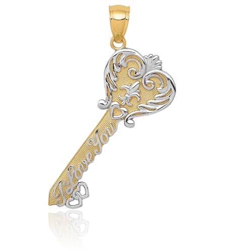 IceCarats 14K Solid Two Tone Yellow White Gold I Love You Antique Filigree Heart Key Necklace Chain Pendant Charm3