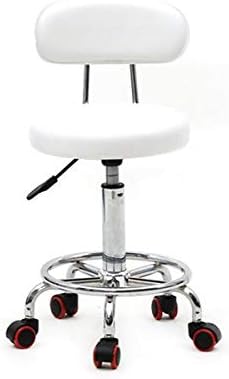 LovinlandRolling Stool Drafting Chair with Back Rest Salon Spa Stool Swivel Chair Tattoo Massage Stool with PU Leather Cushion (White)