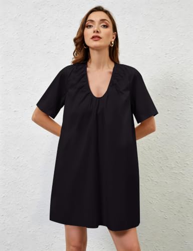 Image of Women Summer Sleeveless Babydoll Mini Dress Scoop Neck Loose Fit Tank Dresses Party Ruched Short Dress with Pockets