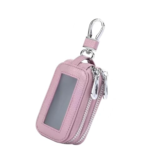 Zosgrew Car Key Case, Double-layer Leather Multifunction Car Remote Case, Key Fob Pouch with Metal Hook, for Men and Women Car Keys (Pink)