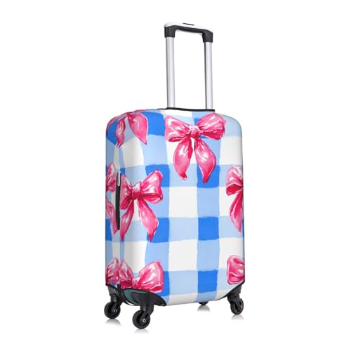 Blue Checkered Bow Elastic Travel Luggage Cover, Washable Spandex Suitcase Protector, Anti-Scratch Fits 18-32 Inch3