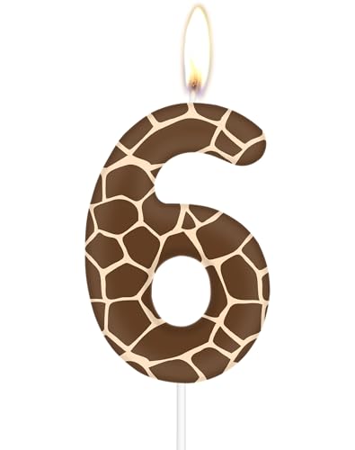 Velas de cumpleaños de jirafa, 6 velas de cumpleaños de jirafa, vela marrón número 6 para pasteles, decoraciones de pastel de jirafa, temática de animales de la selva para decoración de fiesta de