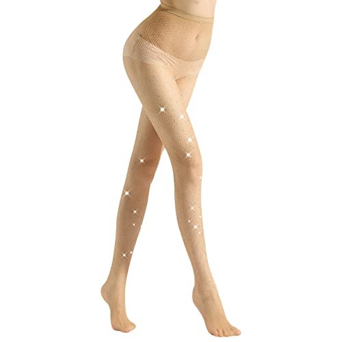 WOOKIT Collant Résille Maille Strass Sexy, Scintillait Filets de pêche Extensible Taille haute Boîte de nuit Fête Collants Sexy Bas Pour femme-Collant Résille Chair(1 Paire)