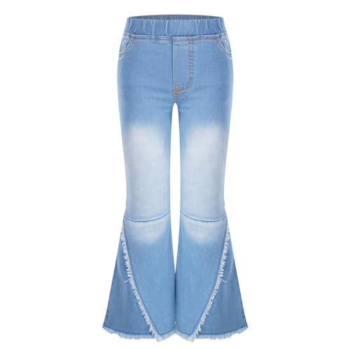 JanJean Kids Girls Elastic Waist Slim Fit Bell Bottom Denim Pants Casual Distressed Ripped Stretch Skinny Flare Jeans