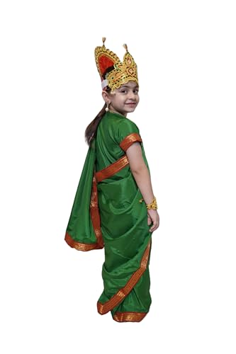 Image of Kaku Fancy Dresses Devi Laxmi Green Saree for Girls | Ready to Wear Saree | Mythological Godess Costume with Accessories - 3-4 Years